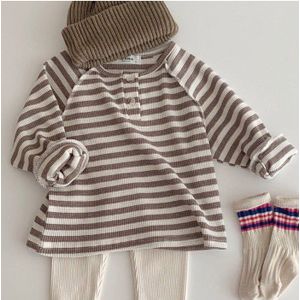 Kids Baby Meisjes Jongens Gestreepte Kleding Peuter Baby Geribbelde Katoen Lange Mouw T-shirt Met Knoppen Casual Tops Kleding