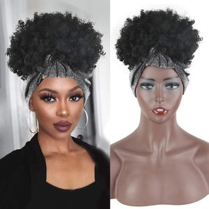 Deyngs Tulband Wrap-Pruik 2 In 1 Afro Bladerdeeg Haarband Bun Korte Kinky Krullend Trekkoord Synthetische Pruik Headwrap Pruik afro-amerikaanse
