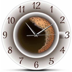 Kopje Koffie Met Schuim Decoratieve Stille Wandklok Keuken Decor Koffie Winkel Muur Teken Uurwerk Cafe Stijl Muur Horloge