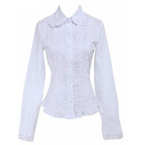 Wit Womens Lolita Blouse Cotton Lace Lange Mouwen Natuurlijke Meisjes Mode Lolita Top Casual Party Club Ainclu XS-XXL