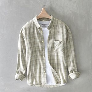 Streetwear Mannen Katoen Plaid Dubbele Zakken Lange Mouwen Voor Mannen Vintage Casual Comfortabele Revers Tops Mannelijke