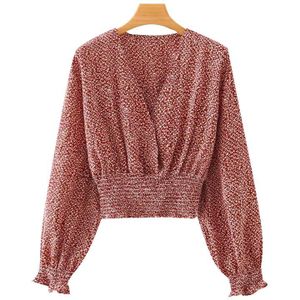Kpytomoa Vrouwen Mode Bloemenprint Cropped Blouses Vintage V-hals Lange Mouwen Elastische Zoom Vrouwelijke Shirts Chic Tops