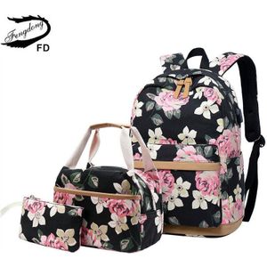 FengDong 3 stks/set koreaanse stijl bloem canvas school rugzak kinderen bloemen book bag set schooltassen voor tienermeisjes bagpack