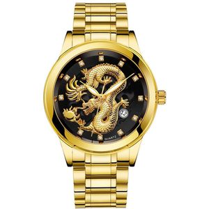 Mannen Horloges Top Luxe Waterdichte Gouden Draak Sculptuur Quartz Horloge Steel Man Klok Sport Horloge Relogio Masculino