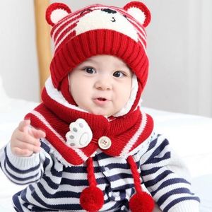 Unisex Winter Kids Baby Cartoon Beer Streep Knit Hat Cap Sjaal Oorbeschermer Warm Set Kleding Accessoires