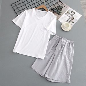 Mannen Zomer Dunne 2 Stuks Pyjama Set Toevallige V-hals Nachtkleding Man Thuis Kleding Losse Top &amp; Shorts Thuis Kleding Plaid bottoms Uitloper