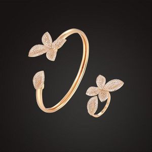 Lanruisha luxe sieraden set plant stereo leaf bangle met ring 3a zirkoon micro pave instelling classic mode-sieraden voor