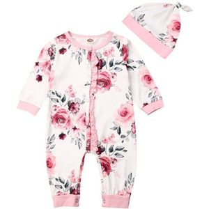 0-18M Pasgeboren Baby Meisje Romper Bloemen Print Lange Mouwen Enkele Breasted Playsuit Bloemen Jumpsuit Hoed Kleding Outfit