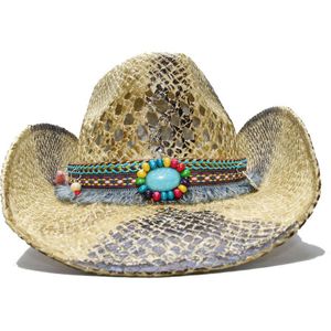 Luckylianji Vrouwen Mannen Zomer Stro Strand Cowboy Western Cowgirl Fedora Hoed Hollow Tassel Turquoise Bead Band (Aangepast)