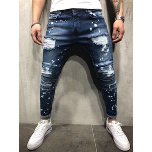 Hip Hop Ripped Biker Jeans Inkt Print Knie Plisse Shabby Motorfiets Streetwear Mannelijke Denim Broek