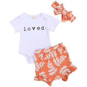 3 Stuks Baby Baby Meisjes Outfits Korte Mouw Romper + Ruffle Leaf Print Shorts + Hoofdband Kleding Set