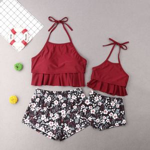 Familie Bijpassende Badmode Moeder En Dochter Vrouwen Kids Effen Kleur Hemdje Bloemen Shorts Bikini Set