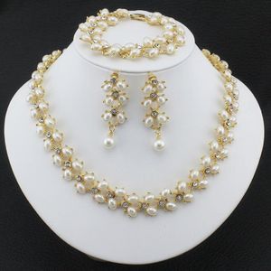 Jiayijiaduo Mode Bruiloft sieraden set Goud-kleur imitatie Parel Ketting Lange oorbellen Armband voor Vrouwen Parure bijoux femm