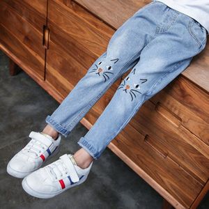 2-13Y Meisjes Jeans Herfst Cartoon Kat Patroon Jeans Meisjes Leggings Stretch Jeans Mode Elastische Taille Broek Denim Broek