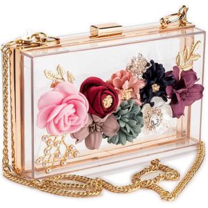 Vrouwen Pvc + Stof Bloem Koppelingen Crossbody Bloemen Portemonnee Met Gouden Ketting Parels Kralen Avond Tassen Voor Bruiloft Prom Banket ik