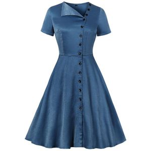 Tonval Asymmetrische Hals Single Breasted Button Vintage Swing Jurken Blue Casual EEN Lijn Zomer Party Dress
