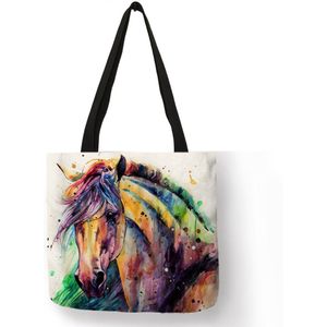 Aquarel Paard Print Linnen Shopping Bag Tote Folding Herbruikbare Reizen School Schoudertassen Casual Handtassen Voor Vrouwen