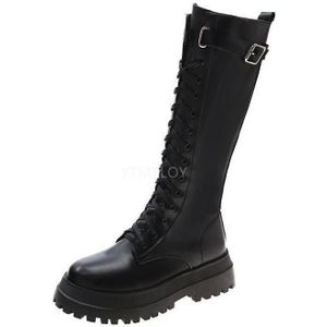 Alle Zwarte Vrouwen Lange Laarzen Lace Up Hoge Hakken Dames Chunky Platform Schoenen Vrouwelijke Schoeisel Motorfiets Kniehoge Botas mujer