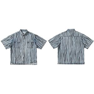Hip Hop Gestreepte Denim Shirts Set Met Shorts Mannen Zomer Harajuku Oversized Losse Korte Mouwen Tops Streetwear