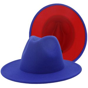 Unisex Outer Royalblue Inner Red Wool Felt Jazz Fedora Hats with Thin Belt Buckle Men Women Wide Brim Panama Trilby Cap L XL