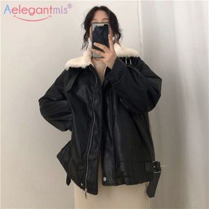 Aelegantmis Winter Faux Fur Jas Vrouwen Lederen Jas Dikker Warme Zwarte Bovenkleding Vrouwelijke Losse Pluche Sherpa Jas