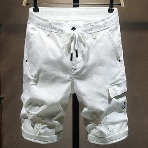 Zomer Mannen Witte Denim Shorts Mode Elastische Taille Grote Pocket Straight Stretch Korte Jeans Mannelijke Kleding