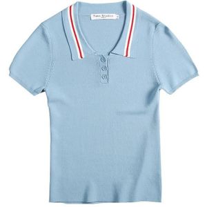 Xisteps Ijs Zijde Slanke Turn Down Hals Gebreide Polo Shirt Voor Vrouwen Vintage Blauwe Vrouwelijke Tops Herfst Elegante korte Mouw