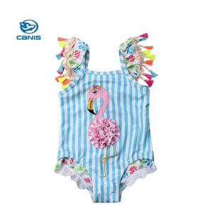 Peuter Kids Baby Meisjes Badmode Flamingo Strip Een Stuk Kwasten Bikini Set Badpak Badpak Strand Monokini