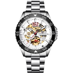 Forsining Mechanische Mens Horloge Top Brand Luxe Automatische Man Horloge Rvs Skeleton Witte Wijzerplaat Waterdicht Casual Klok