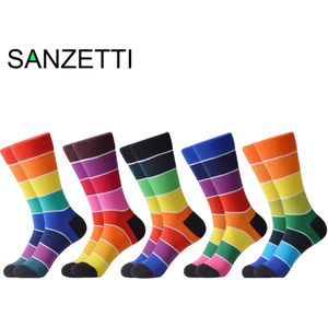 SANZETTI 5 paren/partij Stijl Regenboog Sokken Mannen Vrouwen Gelukkig Kleurrijke Gekamd Katoen Crew Sokken Party Creatieve Jurk Sokken