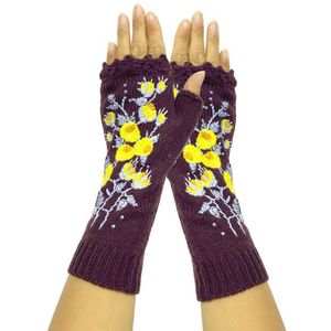 Wanten Handgemaakte Vrouwen Herfst Bloem Warme Wollen Gebreide Winter Handschoenen Half Vinger Borduren Handschoenen