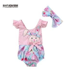 Pasen Pasgeboren Baby Meisjes Bloemen Bunny Konijnen Print Mooie Korte Bloemblaadje Mouw Overdekte Button Romper Hoofdband 2 Stuks 2 Stijl