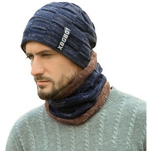 Winter Mannen 2-Stuks Beanie Muts Sjaal Set Warm Knit Dikke Schedel Cap Pluche Knit Cap