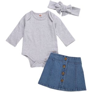 Focusnorm 0-24M Herfst Baby Meisjes Kleding Sets 3Pcs Solid Lange/Korte Mouw Romper Tops Denim a-lijn Rokken Hoofdband