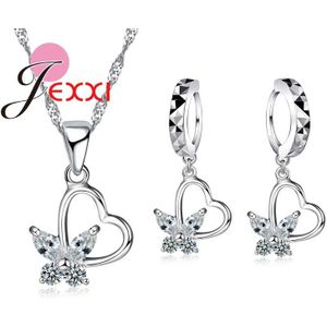 925 Sterling Zilveren Sieraden Set Cz Crystal Liefde Hart Mooie Vlinder Hanger Ketting & Earring Wedding Party Decoratie