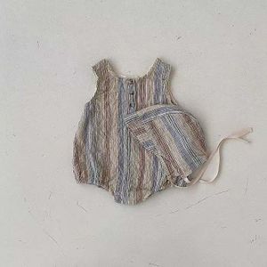 2022 Baby Zomer Bodysuit Dunne Katoenen Baby Verticale Strepen Mouwloos Vest Jumpsuit + Hoed Outfits Mode Meisje Kleding