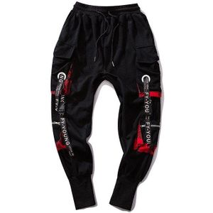 Hip Hop Linten Cargo Broek Mannen Joggers Broek Streetwear Mannen Mode Heren Elastische Taille Broek Linten Katoen Zwart HW203