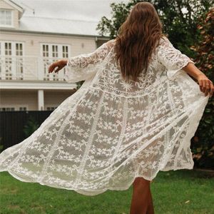 Mode Vrouwen Lange Jurken Vrouwen Lace Kimono Strand Vest Bikini Cover Up Wrap Beachwear Lange Jurk Casual Vrouwen kleding