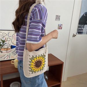 Bloem Knit Vrouwen Schoudertas Kleurrijke Patchwork Weave Breien Zonnebloem Canvas Katoen Handtas Leuke Korea Stijl