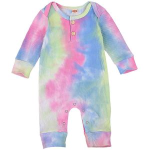 Focusnorm Pasgeboren Baby Meisjes Jongens Tie Dye Rompertjes Lange Mouw Button Knit Jumpsuits Herfst Outfits