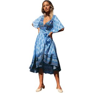 Vrouwen Jurken Zomer Mode Retro Print V-hals Kant Korte Mouwen Poplin Groen Blauw Mid-Kalf Vrouwelijke Katoen Zijde meisjes Jurken