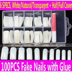 100 stks Kunstnagels met Lijm & Case Set Acryl Kunstmatige nep Nagels Half Volledige Cover Wit Natuurlijke Transparante Huidskleur Tips