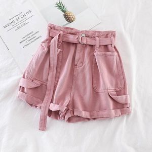 Retro Denim Shorts Women Spring Summer Wide Leg Shorts With Belt Casual Hotpants Pink White Jeans High Waist Women Shorts