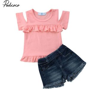 Kid Casual Kleding Set 2 Stuks Baby Peuter Meisjes Kids Overalls Denim Rok + Off Shoulder T-shirt Kleding Outfits zomer