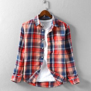 Plaid Linnen Shirts Voor Man Katoen Hennep Gemaakt Ademend Comfortabele Losse Rode Plaid Lange Mouwen Herfst Winter FML01