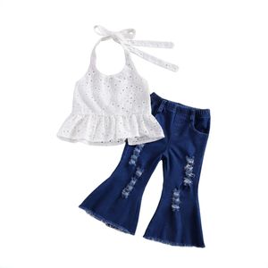 Baby Zomer Kleding 2Pc Meisje Casual Pak Halter Mouwloze Uitgeholde Hemdje Top Ripped Losse Bell-bodem Jeans 1-6Y