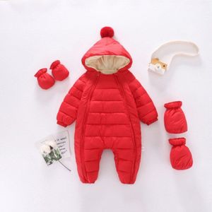 Winter Baby Baby Verdikte Romper Snowsuit Rits Donsjack Voor Meisjes Jongens Pompom Hooded Jumpsuit + Handschoenen + Sok 0-24M