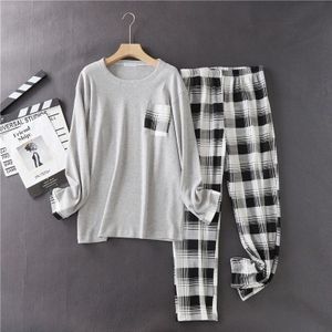 Mannen Plus Size Wafel Gebreide Katoenen Pyjama Comfortabele Homewear Plaid Afdrukken Mannen 2 Stuk Set Pyjama chaud Homme