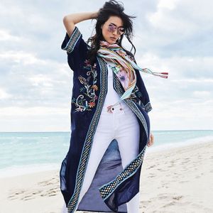 Badmode Cover-Ups Bohemian Gedrukt Lange Kimono Katoen Open Voorzijde Vrouwen Plus Size Beach Wear Swim Suit Cover up Q1146