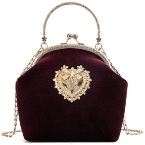 Wholesal Woman Hand Bag Messenger Bags Gold Velvet Shell Small Square Bag Metal Heart Iron Clip Mouth Slant Span Women Bag